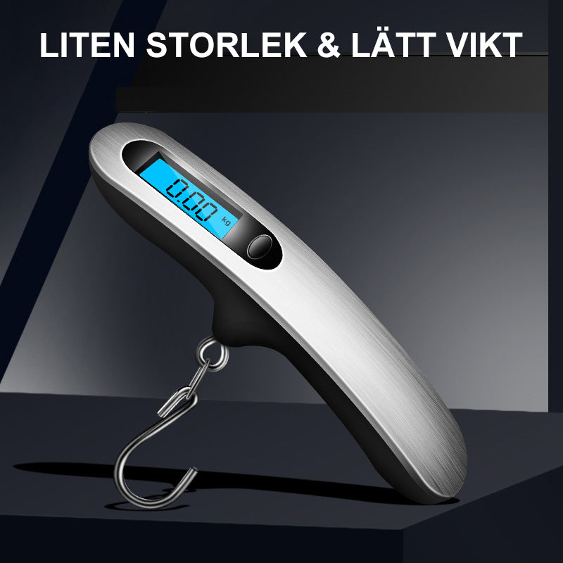 "Bärbar elektronisk krokskala i rostfritt stål, kompakt och hållbar, visar vikt digitalt för fiske och resor."