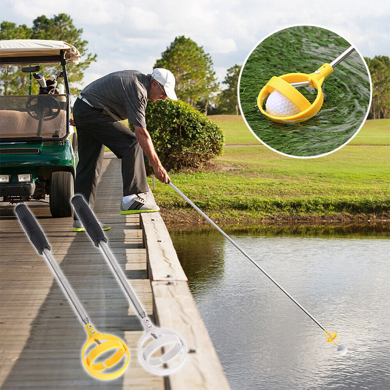 "Bärbar golfbollfångare i rostfritt stål med ergonomiskt handtag och fjäderutlösning, kompakt och lätt att bära."
