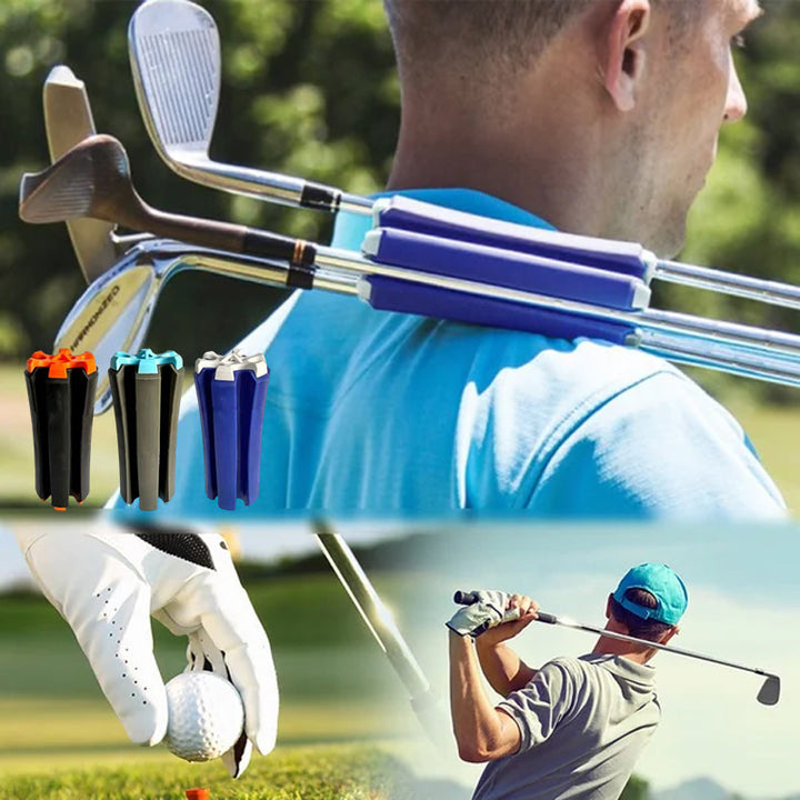 "Bärbar golfklubbhållare i svart-orange för driver och putter, kompakt design med magnetisk bollmarkör."