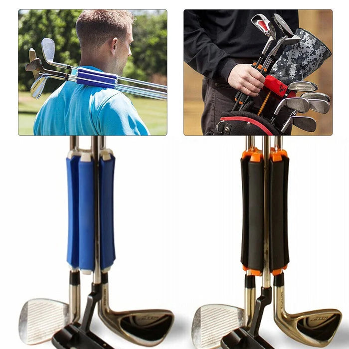 "Bärbar golfklubbhållare i svart-orange för driver och putter, kompakt design med magnetisk bollmarkör."