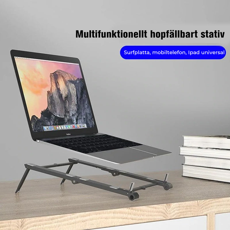 "Bärbar hållare i anodiserad aluminium, 3-i-1, för tablet och telefon. Svart och vit, kompakt och kompatibel design."