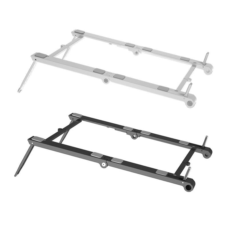 "Bärbar hållare i anodiserad aluminium, 3-i-1, för tablet och telefon. Svart och vit, kompakt och kompatibel design."