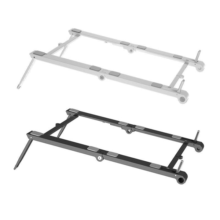 "Bärbar hållare i anodiserad aluminium, 3-i-1, för tablet och telefon. Svart och vit, kompakt och kompatibel design."