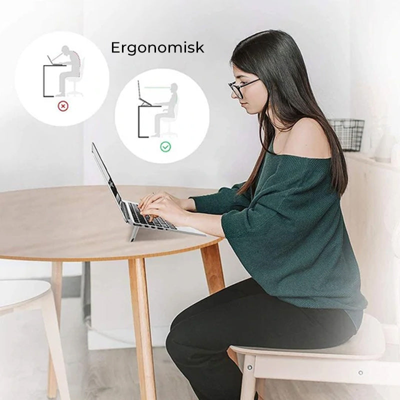 "Bärbar hållare i anodiserad aluminium, 3-i-1, för tablet och telefon. Svart och vit, kompakt och kompatibel design."