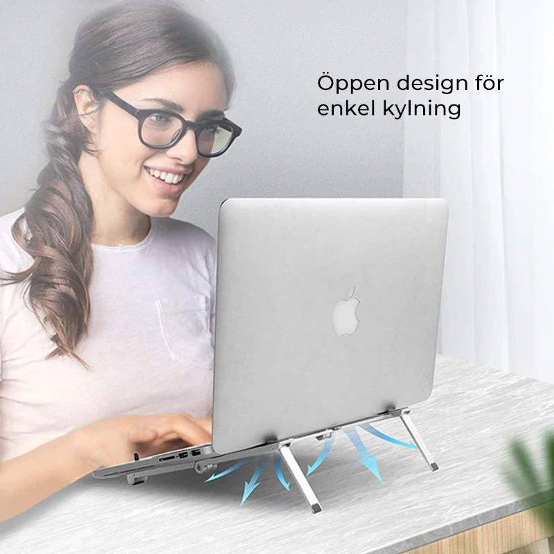 "Bärbar hållare i anodiserad aluminium, 3-i-1, för tablet och telefon. Svart och vit, kompakt och kompatibel design."