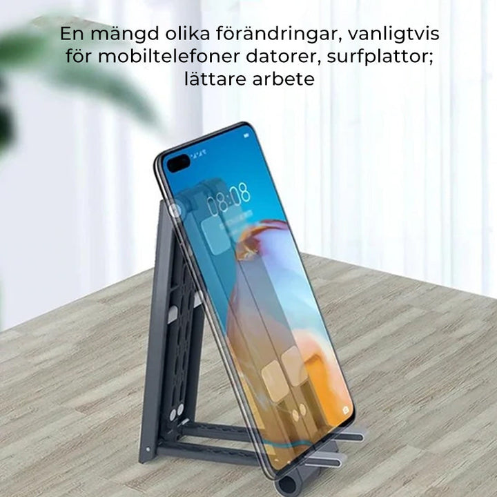 "Bärbar hållare i anodiserad aluminium, 3-i-1, för tablet och telefon. Svart och vit, kompakt och kompatibel design."
