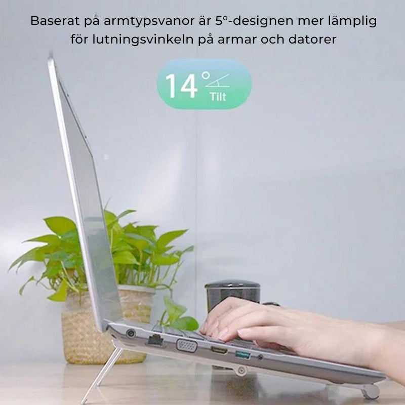 "Bärbar hållare i anodiserad aluminium, 3-i-1, för tablet och telefon. Svart och vit, kompakt och kompatibel design."