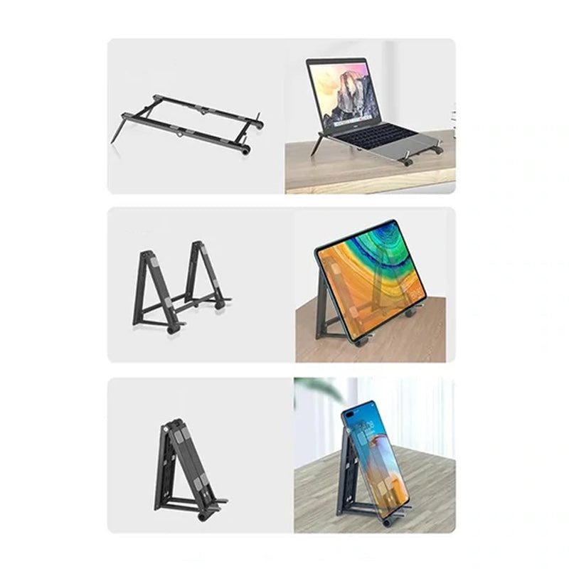 "Bärbar hållare i anodiserad aluminium, 3-i-1, för tablet och telefon. Svart och vit, kompakt och kompatibel design."
