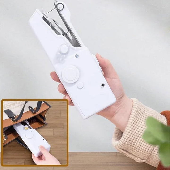 "Bärbar handhållen symaskin i kompakt form, vit och blå färg, perfekt för DIY-sömnad och textilprojekt."