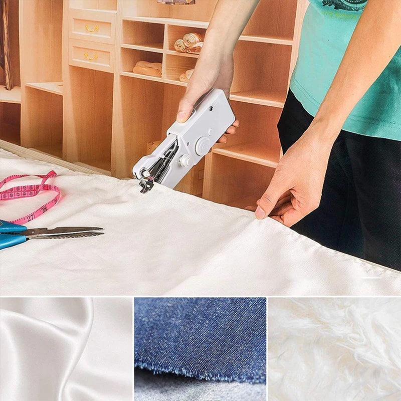 "Bärbar handhållen symaskin i kompakt form, vit och blå färg, perfekt för DIY-sömnad och textilprojekt."