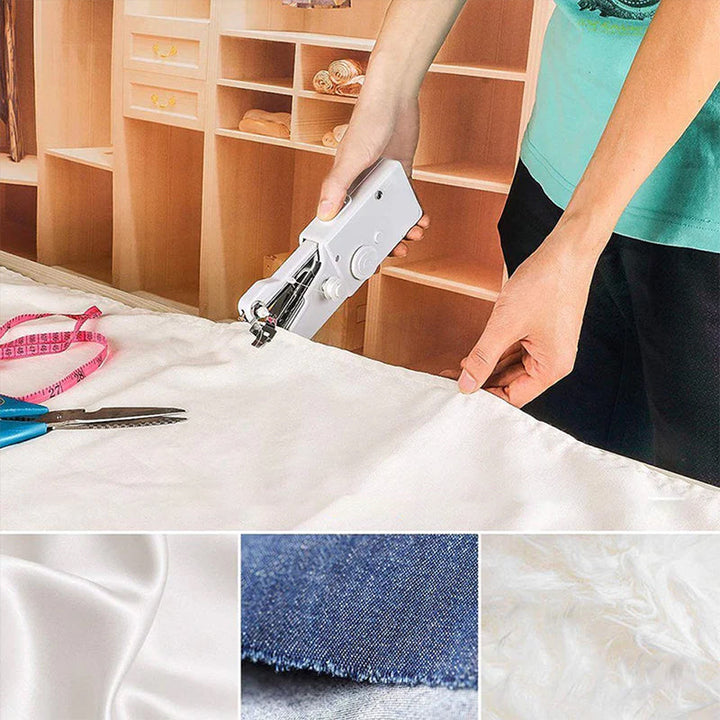 "Bärbar handhållen symaskin i kompakt form, vit och blå färg, perfekt för DIY-sömnad och textilprojekt."