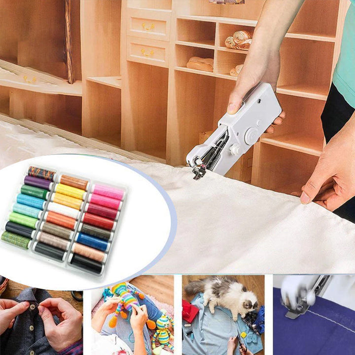 "Bärbar handhållen symaskin i kompakt form, vit och blå färg, perfekt för DIY-sömnad och textilprojekt."