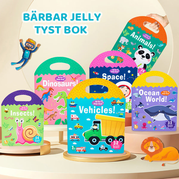"Bärbar Jelly Quiet-Bok för barn med sex färgglada teman som djur och rymden, lätt att bära med handtag."