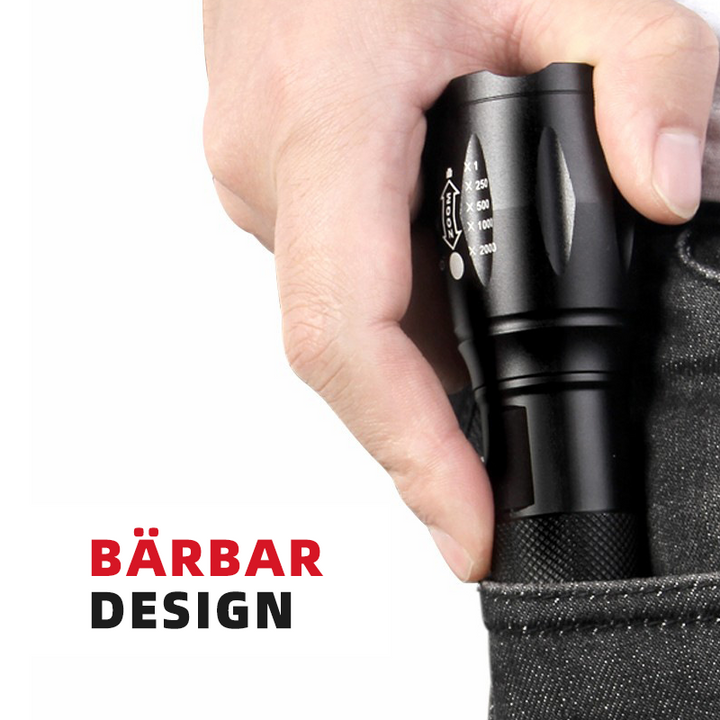 "Bärbar laddbar aluminiumficklampa med LED-zoom, robust design, vattentät, lämplig för camping och utomhusaktiviteter."