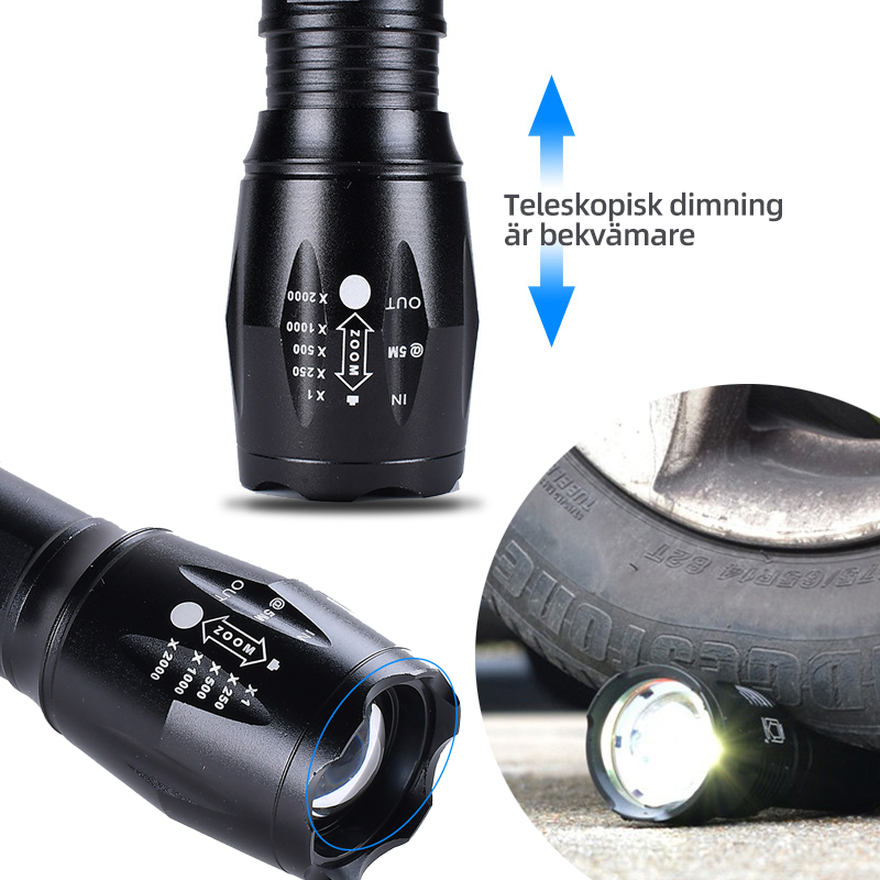 "Bärbar laddbar aluminiumficklampa med LED-zoom, robust design, vattentät, lämplig för camping och utomhusaktiviteter."