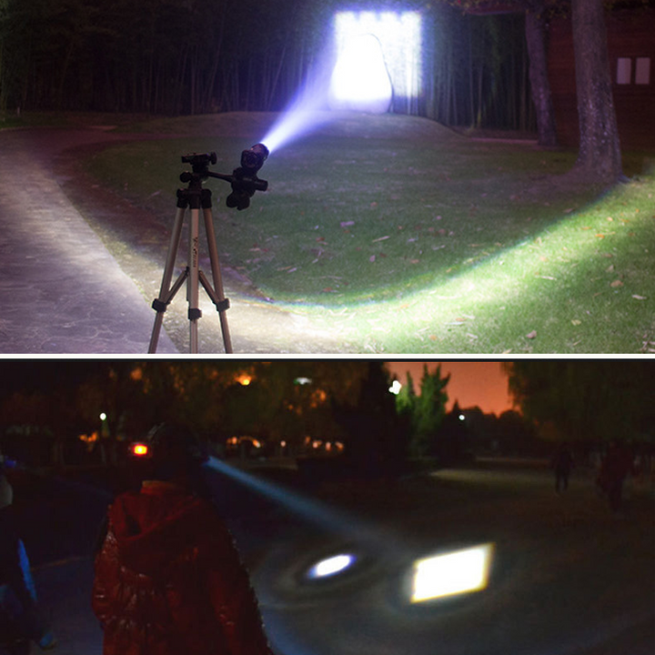 "Bärbar laddbar aluminiumficklampa med LED-zoom, robust design, vattentät, lämplig för camping och utomhusaktiviteter."
