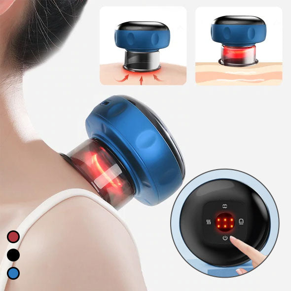 Bärbar massageapparat för koppning med rödljus, kompakt design och dynamisk sugteknik för individuell massage och ljusterapi.