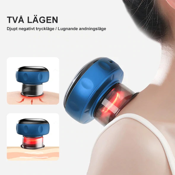 Bärbar massageapparat för koppning med rödljus, kompakt design och dynamisk sugteknik för individuell massage och ljusterapi.