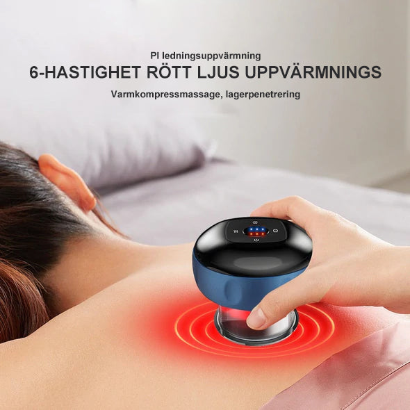 Bärbar massageapparat för koppning med rödljus, kompakt design och dynamisk sugteknik för individuell massage och ljusterapi.