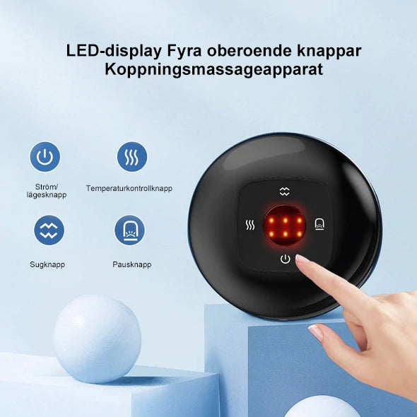 Bärbar massageapparat för koppning med rödljus, kompakt design och dynamisk sugteknik för individuell massage och ljusterapi.