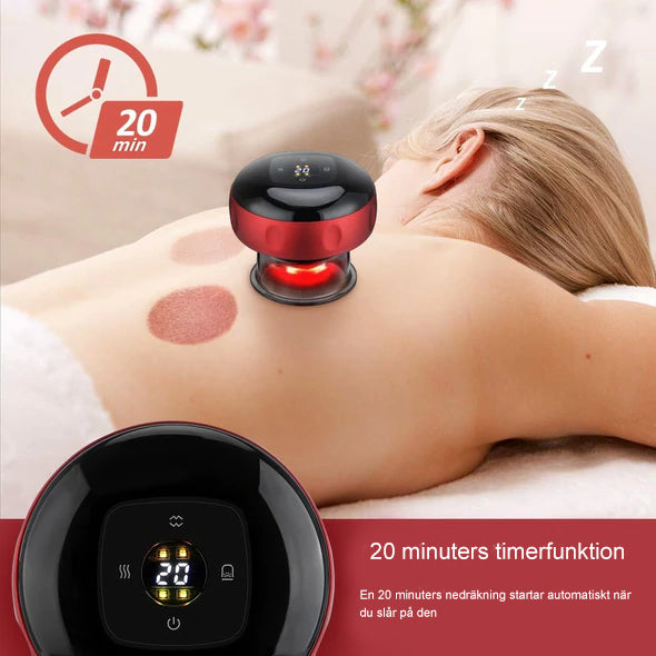 Bärbar massageapparat för koppning med rödljus, kompakt design och dynamisk sugteknik för individuell massage och ljusterapi.
