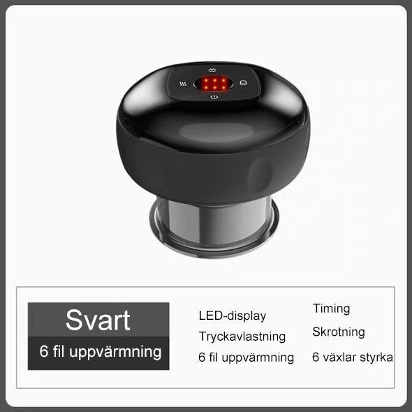 Bärbar massageapparat för koppning med rödljus, kompakt design och dynamisk sugteknik för individuell massage och ljusterapi.