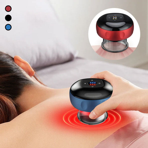 Bärbar massageapparat för koppning med rödljus, kompakt design och dynamisk sugteknik för individuell massage och ljusterapi.