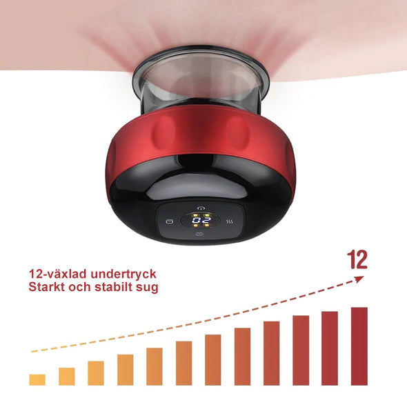 Bärbar massageapparat för koppning med rödljus, kompakt design och dynamisk sugteknik för individuell massage och ljusterapi.