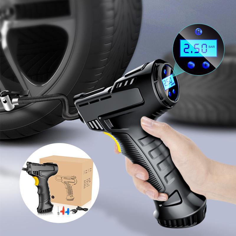 "Bärbar mini luftkompressor, kompakt design med LED-lampor, idealisk för bil- och cykeldäck."