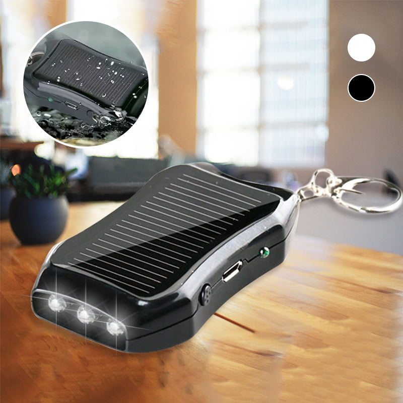 Bärbar mini powerbank på nyckelring, svart och vit, kompakt design, perfekt för resor och enkel att bära med sig.