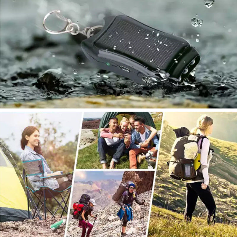 Bärbar mini powerbank på nyckelring, svart och vit, kompakt design, perfekt för resor och enkel att bära med sig.