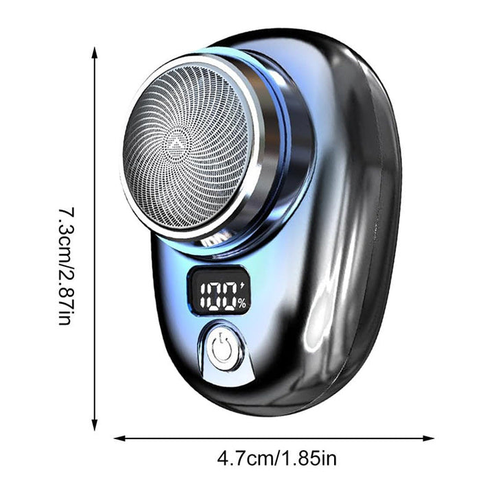 "Bärbar Mini Rakapparat för Män i blå/silver, kompakt design med rostfria blad och kraftfull motor, lämplig för resor."