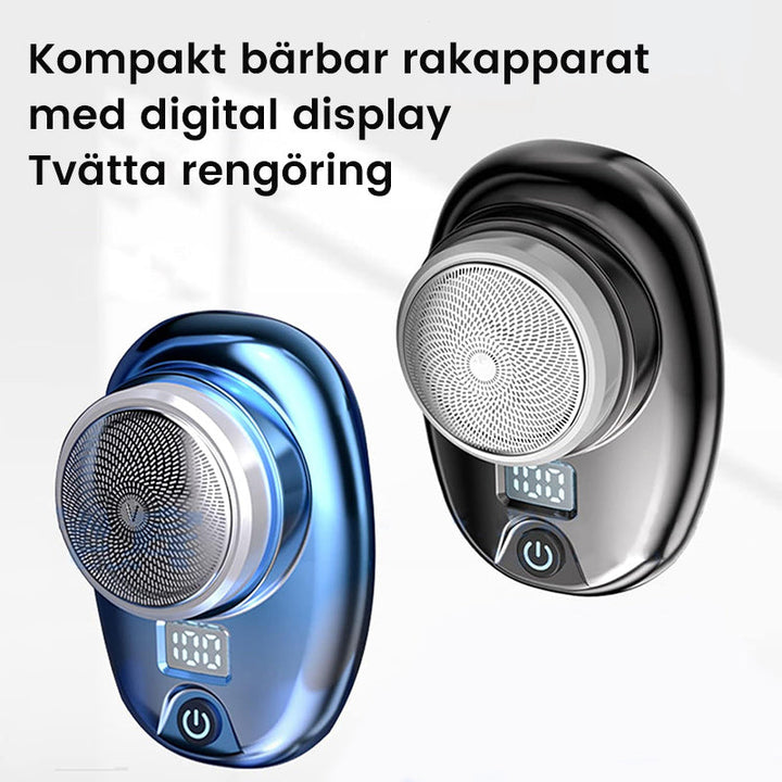 "Bärbar Mini Rakapparat för Män i blå/silver, kompakt design med rostfria blad och kraftfull motor, lämplig för resor."