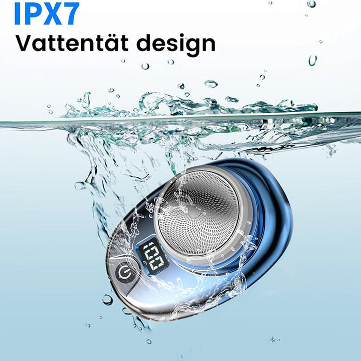 "Bärbar Mini Rakapparat för Män i blå/silver, kompakt design med rostfria blad och kraftfull motor, lämplig för resor."