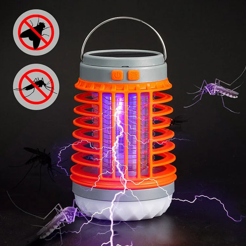 Bärbar mygg- och insektsdödare med UV-teknik, kompakt design för utomhus och inomhusbruk, svart och orange detaljer.