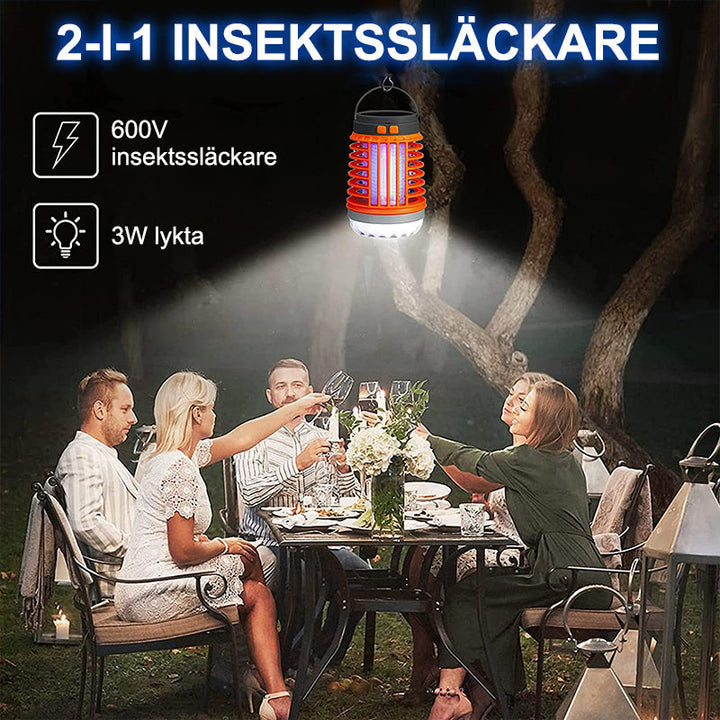 Bärbar mygg- och insektsdödare med UV-teknik, kompakt design för utomhus och inomhusbruk, svart och orange detaljer.