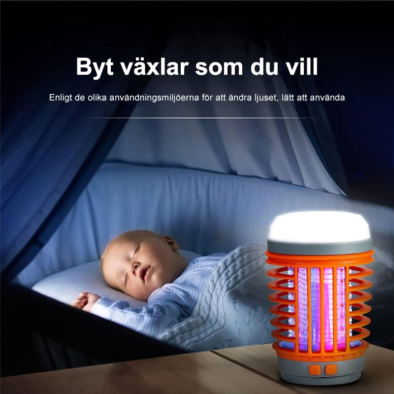 Bärbar mygg- och insektsdödare med UV-teknik, kompakt design för utomhus och inomhusbruk, svart och orange detaljer.