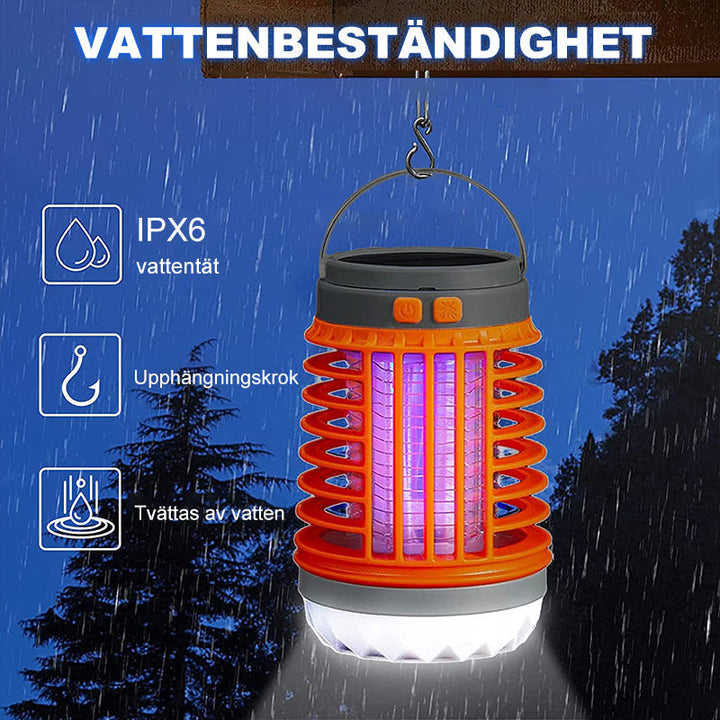 Bärbar mygg- och insektsdödare med UV-teknik, kompakt design för utomhus och inomhusbruk, svart och orange detaljer.