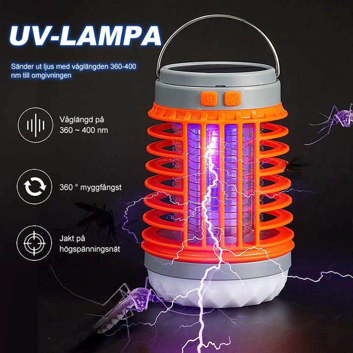 Bärbar mygg- och insektsdödare med UV-teknik, kompakt design för utomhus och inomhusbruk, svart och orange detaljer.
