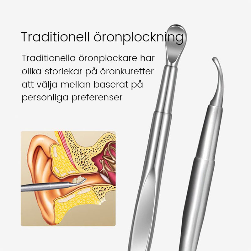 "Bärbar öronvax rengöringssats i rostfritt stål med eleganta verktyg och färgglada PU-väska, flera färger tillgängliga."