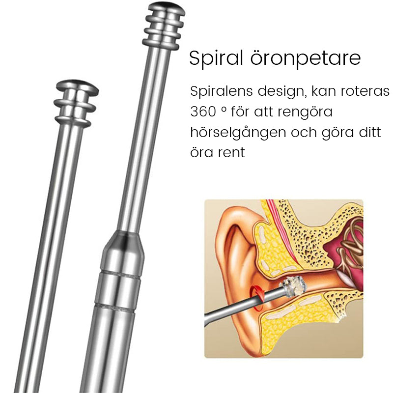 "Bärbar öronvax rengöringssats i rostfritt stål med eleganta verktyg och färgglada PU-väska, flera färger tillgängliga."