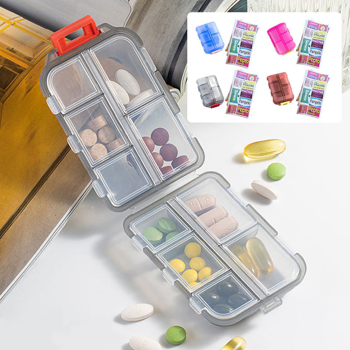 Bärbar pillerhållare med 10 förseglade fack, etiketter; kompakt design i plast för säker och organiserad medicinförvaring.
