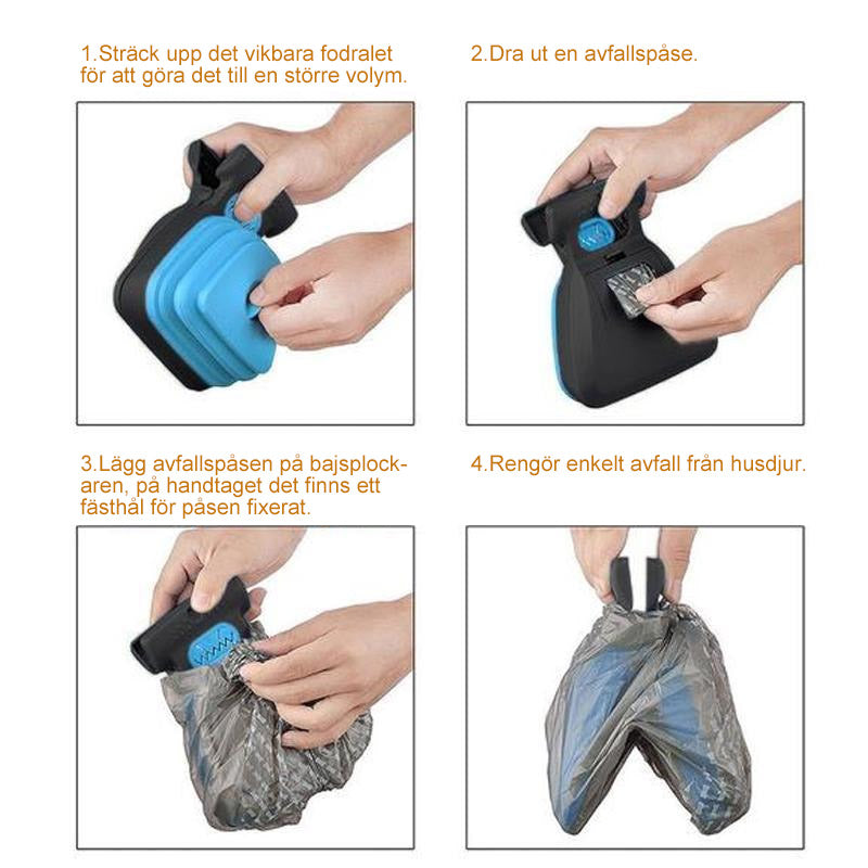 "Bärbar pooper scooper för hundar, plast, blå färg, med inbyggt påsfack. Praktisk för promenader, håller händerna rena."