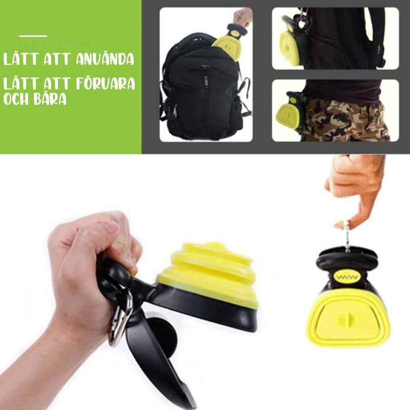 "Bärbar pooper scooper för hundar, plast, blå färg, med inbyggt påsfack. Praktisk för promenader, håller händerna rena."