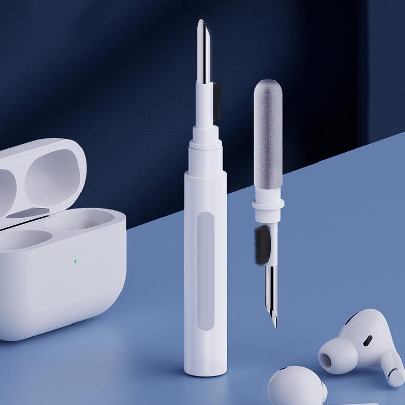 Bärbar rengöringspenna för Bluetooth öronsnäckor, vit, smidig design med mikrofiberborste för effektiv rengöring.