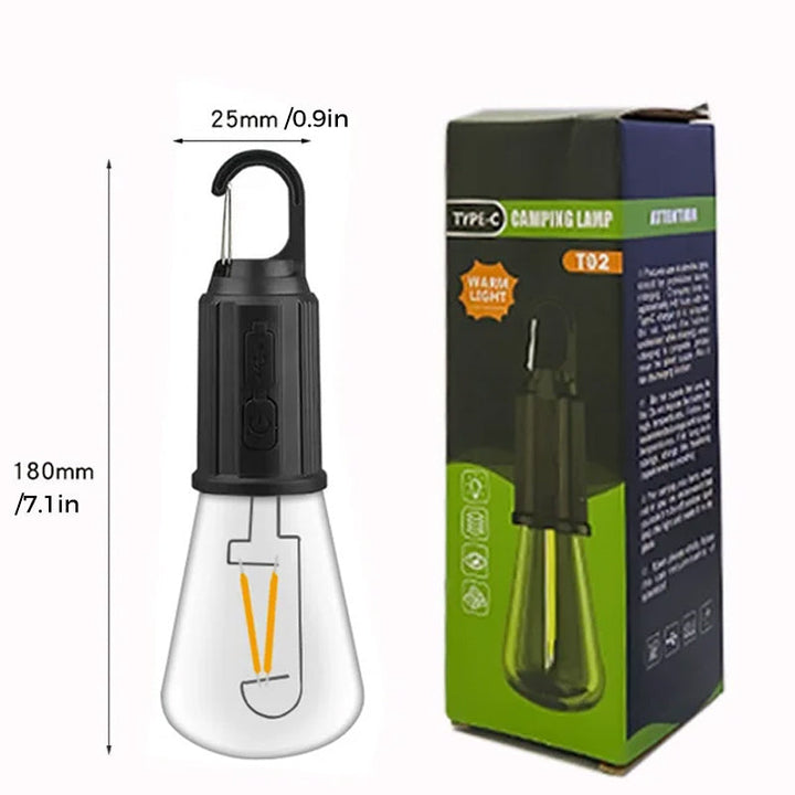 "Bärbar retro hängande lampa med vintage design och Type-C laddning, perfekt för utomhusbruk som camping och trädgård."