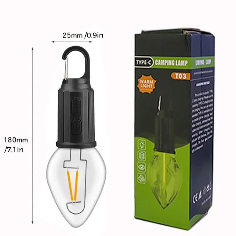"Bärbar retro hängande lampa med vintage design och Type-C laddning, perfekt för utomhusbruk som camping och trädgård."