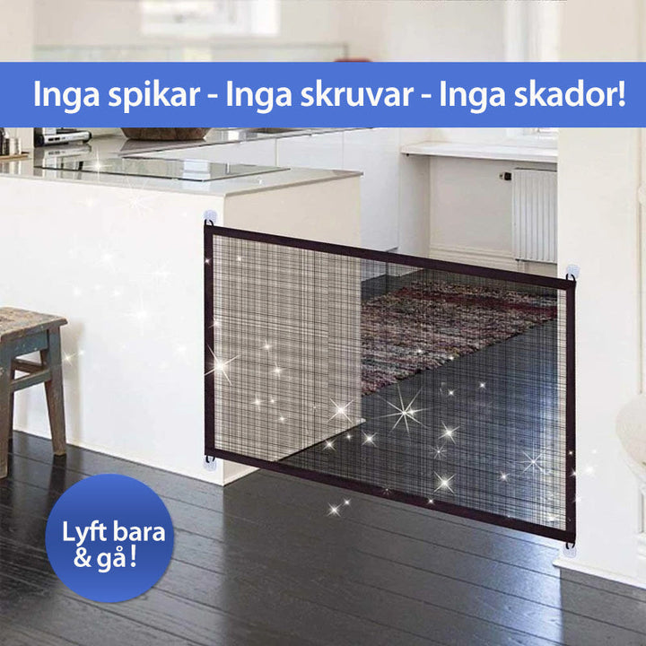 "Bärbar säkerhetsgrind för husdjur i slitstarkt nät, enkel montering, diskret design, för dörröppningar och trapphus."