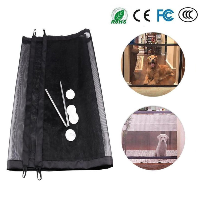 "Bärbar säkerhetsgrind för husdjur i slitstarkt nät, enkel montering, diskret design, för dörröppningar och trapphus."