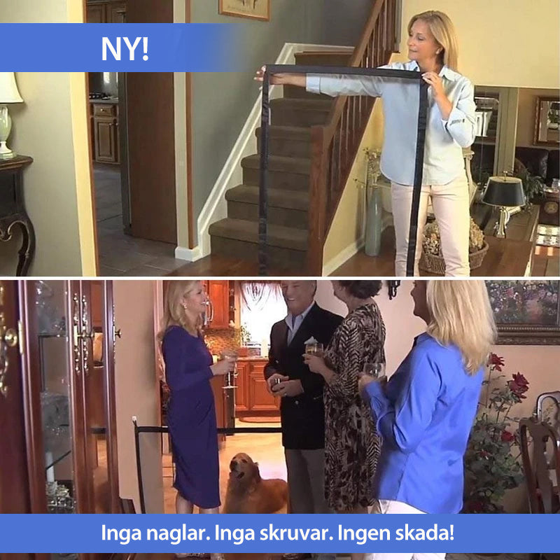 "Bärbar säkerhetsgrind för husdjur i slitstarkt nät, enkel montering, diskret design, för dörröppningar och trapphus."